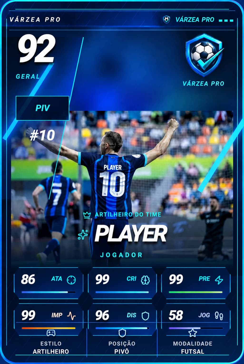 Exemplo de card de atleta com uniforme azul e ciano, nome Player, posição e atributos no Várzea Pro